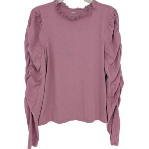 Maeve Anthropologie Ruched Long Sleeve Tee Large Mauve Ruffle Neck Coquette Boho